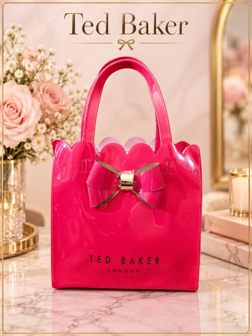 Ted Baker London Hot Pink Patent Bow Scalloped Mini Tote Bag NWOT